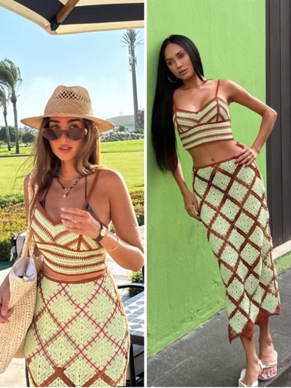 ZARA CROCHET SKIRT SET , COORD SET, green brown - Picture 13 of 15